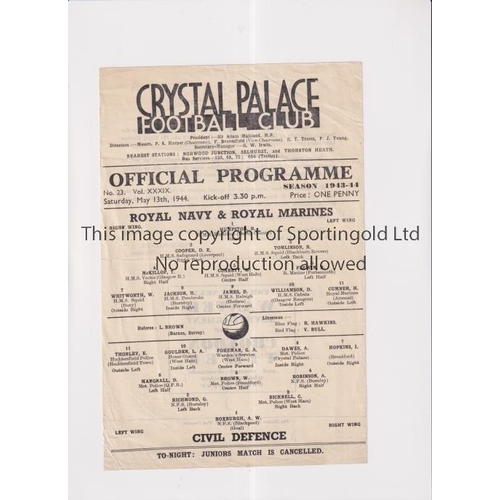 817 - SERVICES FOOTBALL AT CRYSTAL PALACE 1944        Single sheet programme for Royal Navy & Royal Marine... 
