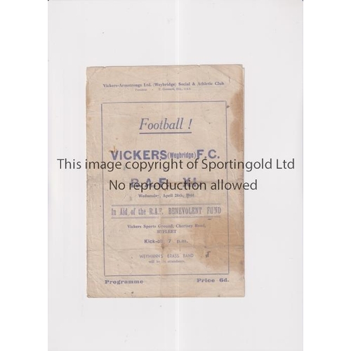 823 - WARTIME FOOTBALL 1944        Programme for Vickers (Weybridge) FC v RAF XI, 26/4/44 at Vickers Sport... 