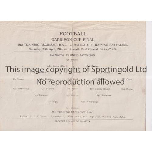 830 - GARRISON CUP FINAL 1942 AT TIDWORTH       Single sheet programme for 2nd Motor Training Battalion v ... 