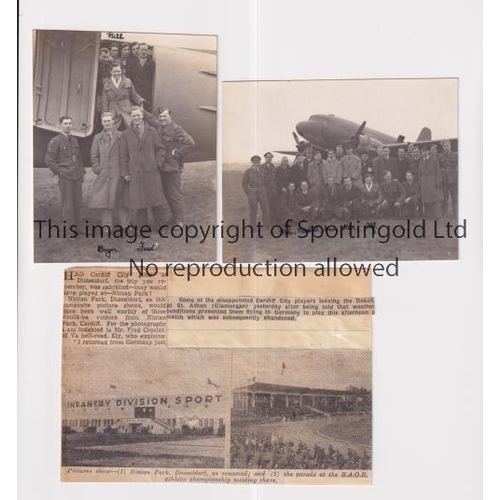 839 - CARDIFF CITY       Two B/W photos of players in civilian attire on an airfield in front of an airpla... 