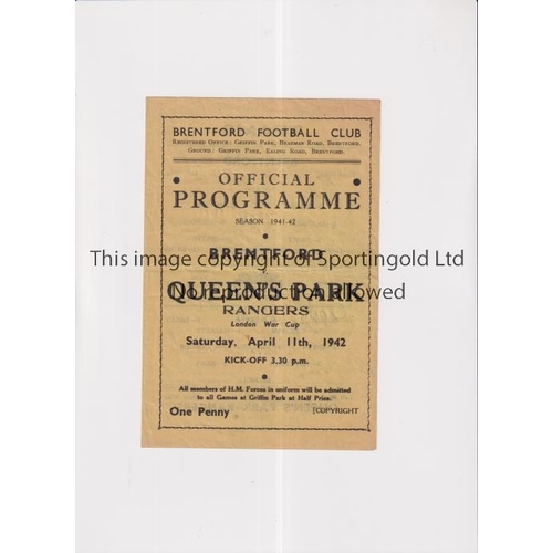 9 - BRENTFORD V QPR 1942 CUP     Programme for the London War Cup tie at Brentford 11/4/1942, slight hor... 