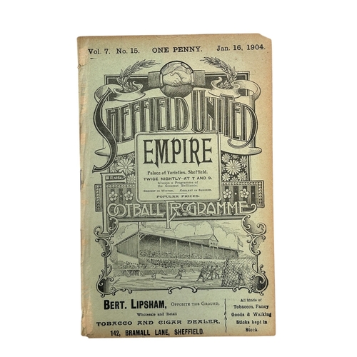 SHEFFIELD UNITED VERSUS STOKE CITY 1903/04 FOOTBALL PROGRAMME, 16/1/1904. SLIGHT NICKS, EDGE WEAR, RUSTED STAPLES.