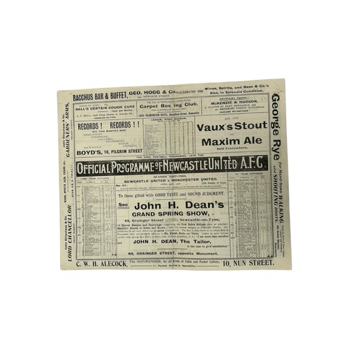 MANCHESTER UNITED AWAY AT NEWCASTLE UNITED 1907/08 SEASON FOOTBALL PROGRAMME, SINGLE SHEET FRIENDLY ISSUE, 29/4/1908, EXTREMELY SCARCE. MINOR RESTORATION NOTED, LIGHT FOLD.