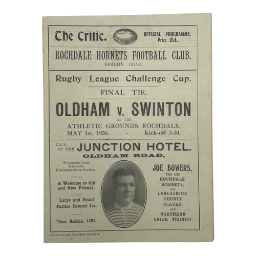 1926 RUGBY LEAGUE CHALLENGE CUP FINAL PROGRAMME, OLDHAM VERSUS SWINTON, PLAYED AT ROCHDALE, 1/5/1926. STAPLES REMOVED, SOME PEN WRITING TO MIDDLE PAGE, GENERALLY GOOD.