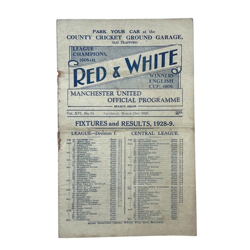 MANCHESTER UNITED VS SHEFFIELD WEDNESDAY 1928/29 FOOTBALL PROGRAMME, 23/3/1929, SCARCE ISSUE. SOME FOLDS AS SEEN, RUSTY STAPLE, TEAM CHANGES NOTED.