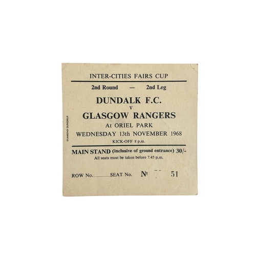 GLASGOW RANGERS AWAY VERSUS DUNDALK 1968/69 FOOTBALL TICKET STUB, INTER CITIES FAIRS CUP, 13/11/1968, EXTREMELY SCARCE.