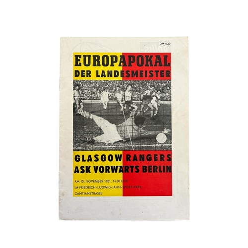 GLASGOW RANGERS AWAY VERSUS VORWARTS BERLIN 1961/62 FOOTBALL PROGRAMME, 15/11/1961, SCARCE ISSUE. GENERALLY VERY GOOD, SCORE FILLED IN.