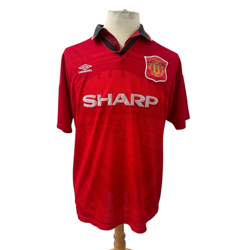 MATCH WORN MANCHESTER UNITED 1994/95 FOOTBALL SHIRT, AS WORN IN THE 1994 PRE-SEASON, STITCHED NUMBER 2 TO REAR, RAISED UMBRO SPONSOR AS ONLY SEEN IN PLAYER SHIRTS. XL MENS.