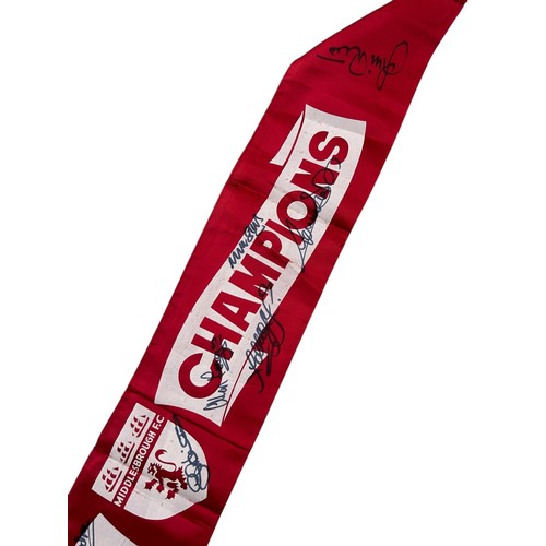 9 - MIDDLESBOROUGH 1973/74 CHARLTON'S CHAMPIONS SIGNED SCARF, SILK STYLE, X11 AUTOGRAPHS NOTED.