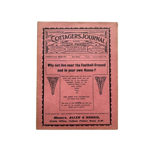 LEEDS CITY AWAY VERSUS FULHAM 1912/13 FOOTBALL PROGRAMME, 7/9/1912, LEAGUE FIXTURE, SCARCE ITEM. SPINE REPAIR NOTED, GENERALLY GOOD FOR AGE.