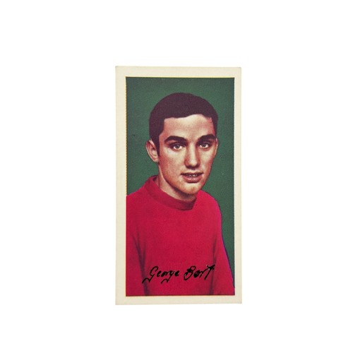 1964 GEORGE BEST BARRATT & CO FAMOUS FOOTBALLERS ROOKIE TRADING CARD, NUMBER 29, THE FIRST CARD ISSUED TO THE MANCHESTER UNITED/ NORTHERN IRELAND LEGEND. EXCELLENT CONDITION.
