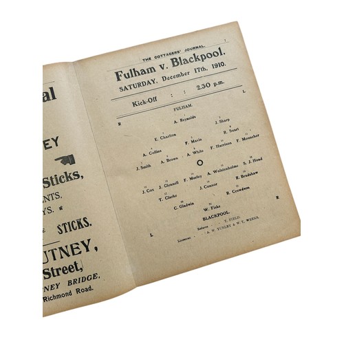 52 - FULHAM VERSUS BLACKPOOL 1910/11 FOOTBALL PROGRAMME, 17/12/1910, DIVISION 2. PROFESSIONALLY REPAIRED ... 