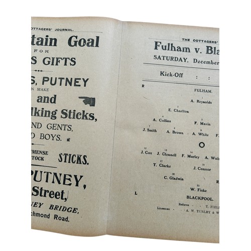 52 - FULHAM VERSUS BLACKPOOL 1910/11 FOOTBALL PROGRAMME, 17/12/1910, DIVISION 2. PROFESSIONALLY REPAIRED ... 