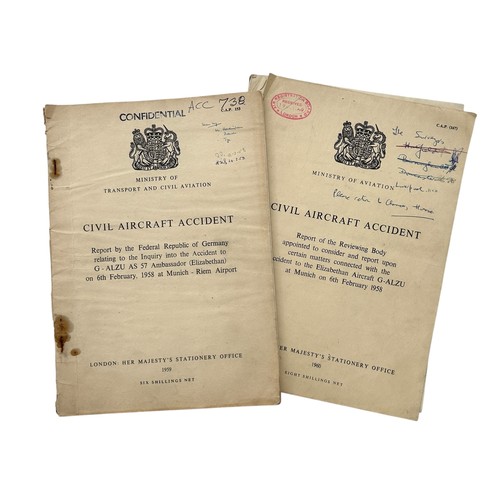 1958 MANCHESTER UNITED MUNICH DISASTER MINISTRY OF AVIATION REPORTS, MINISTRY OF TRANSPORT AND CIVIL AVIATION REPORT BY THE FEDERAL REPUBLIC OF GERMANY RELATING TO THE INQUIRY INTO THE ACCIDENT TO G- ALZU AS 57 AMBASSADOR (ELIZABETHAN) ON 6TH FEBRUARY, 1958 AT MUNICH- REIM AIRPORT, 1959 REPORT INCLUDING INFORMATION REGARDING THE ACCIDENT, CAUSES OF THE ACCIDENT AND SUMMARY OF RESULTS, PRINTED AND PUBLISHED BY HER MAJESTY'S STATIONERY OFFICE. MINISTRY OF AVIATION CIVIL AIRCRAFT ACCIDENT REPORT OF THE REVIEWING BODY APPOINTED TO CONSIDER AND REPORT UPON CERTAIN MATTERS CONNECTED WITH THE ACCIDENT TO THE ELIZABETHAN AIRCRAFT G-ALZU AT MUNICH ON THE 6TH FEBRUARY 1958, 1960 REPORT INCLUDING THE FACTS IN OUTLINE, THE GERMAN REPORT, EVENTS SUBSEQUENT TO THE GERMAN REPORT, SUBMISSIONS AND EVIDENCE: OUTLINE, WING ICING, METEOROLOGICAL CONDITIONS AT MUNICH, FACTS AFFECTING THE TEMPERATURE OF AIRCRAFTS WINGS, THE STATE OF THE WINGS: DIRECT EVIDENCE/ INDIRECT EVIDENCE, THE EFFECTS OF SPRAY/ THE EFFECTS OF EVIDENCE/ STEPS TAKEN BY CAPTAIN THAIN/ RUNWAY CONDITIONS: DIRECT EVIDENCE/ THE FINAL RUN EVIDENCE/ THE FINAL RUN INFERENCES/ STEPS TAKEN BY CAPTAIN THAIN, THE FIRST TWO ATTEMPTS TO TAKE OFF, THE THREE QUESTIONS, CONCLUSION, METEOROLOGICAL REPORTS, TECHNICAL PAPER BY PROFESSOR COLLAR, PRINTED AND PUBLISHED BY HER MAJESTYS STATIONERY OFFICE.