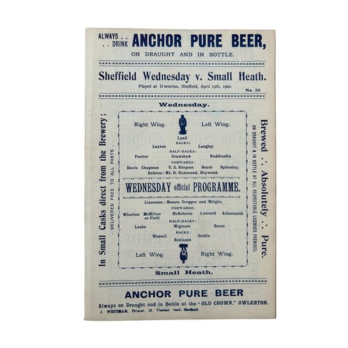 SHEFFIELD WEDNESDAY VERSUS SMALL HEATH 1901/02 FOOTBALL PROGRAMME, 19/4/1902, PRE BIRMINGHAM CITY. EXCELLENT CONDITION FOR AGE, EX BINDER.