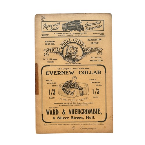 MANCHESTER UNITED AWAY VERSUS HULL CITY 1924/25 FOOTBALL PROGRAMME, 21/3/1925, UNITED PROMOTION WINNING SEASON. TAPE TO SPINE, GENERALLY GOOD.