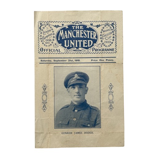MANCHESTER UNITED VERSUS BLACKBURN ROVERS 1918/19 FOOTBALL PROGRAMME, 23/9/1918, EXTREMELY SCARCE WW1 MAN UTD HOME ISSUE. FOLDS NOTED, MINOR WEAR TO LOWER.