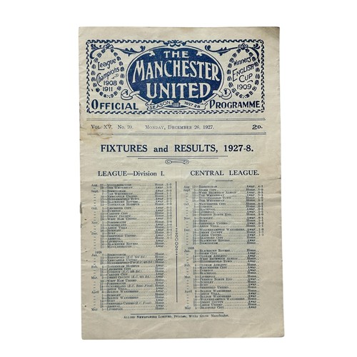 MANCHESTER UNITED VERSUS BLACKBURN ROVERS 1927/28 FOOTBALL PROGRAMME, 26/12/1927. FOLDS NOTED.