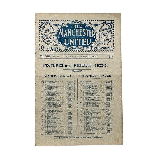 MANCHESTER UNITED VERSUS BLACKBURN ROVERS 1925/26 FOOTBALL PROGRAMME, 28/11/1925. LIGHT FOLDS, GENERALLY GOOD.