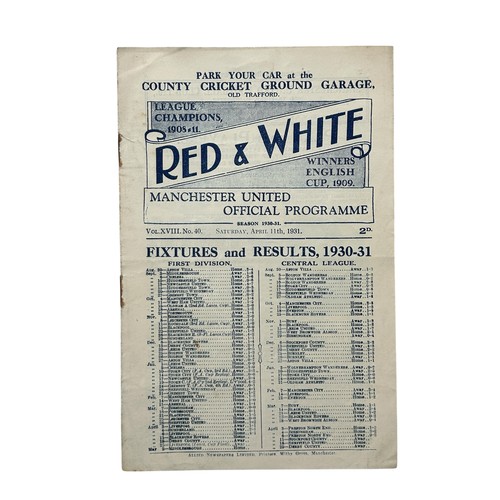 MANCHESTER UNITED VERSUS BLACKBURN ROVERS 1930/31 FOOTBALL PROGRAMME, 11/4/1931. RUSTY STAPLES, LIGHT CREASES.