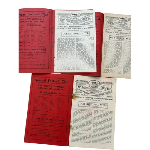 27 - X3 ARSENAL VERSUS WOLVERHAMPTON WANDERERS PRE-WAR FOOTBALL PROGRAMMES, 1/12/1934 (COLOUR BLEED/ RUST... 