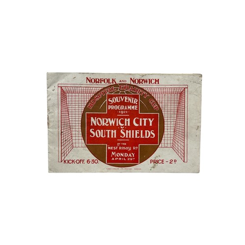 NORWICH CITY VERSUS SOUTH SHIELDS 1920/21 FOOTBALL PROGRAMME, HOSPITAL CUP ISSUE, 25/4/1921, SUPERB SCARCE ITEM. RUSTY STAPLE INTACT BUT LOOSE FROM COVER, SOME WEAR TO COVER- SEE PHOTO.