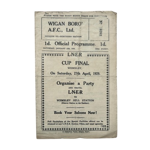 WIGAN BOROUGH VERSUS SHEFFIELD WEDNESDAY 1928/29 FOOTBALL PROGRAMME, FA CUP FIXTURE, 12/1/1929. CREASING, SCORE NOTED.