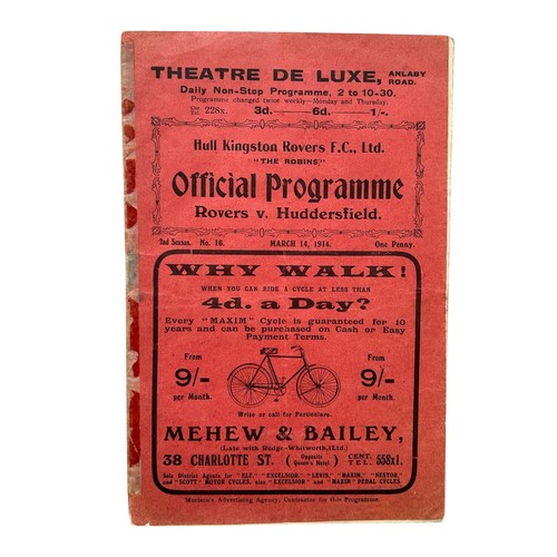 199 - 1914 HULL KINGSTON ROVERS VERSUS HUDDERSFIELD RUGBY LEAGUE PROGRAMME, 14/3/1914, SCARCE ITEM. TAPE T... 