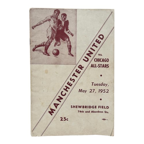 MANCHESTER UNITED AWAY VERSUS CHICAGO ALL-STARS 1952 FOOTBALL PROGRAMME, 27/5/2952, FRIENDLY ISSUE. PENCIL CHANGES, SOME AGEING TO SPINE, EDGE WEAR, HANDLING MARKS.