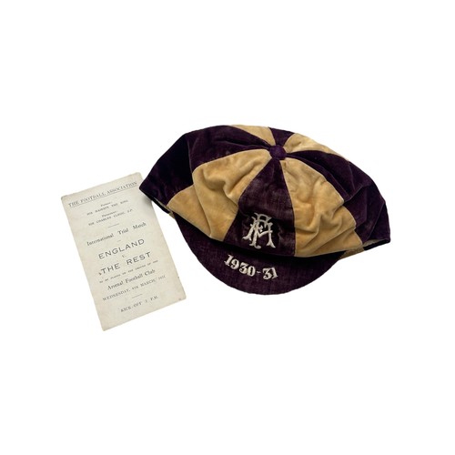 1930-31 CLIFF BASTIN ENGLAND V THE REST INTERNATIONAL TRIAL CAP, AWARDED TO ARSENAL'S CLIFF BASTIN FOR THE MATCH PLAYED AT HIGHBURY 4/3/1931, PLUS FOUR PAGE ITINERARY CARD SIGNED BY 10 MEMBERS OF 'THE REST'.