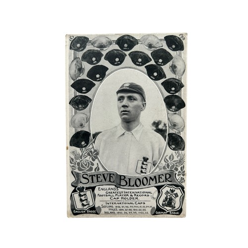 STEVE BLOOMER EARLY 1900S POSTCARD, 'ENGLANDS GREATEST INTERNATIONAL FOOTBALL PLAYER & RECORD CAP HOLDER', PORTRAIT OF DERBY COUNTY & MIDDLESBOROUGH LEGEND BLOOMER WITH ALL HIS ENGLAND CAPS, SUPERB ITEM.