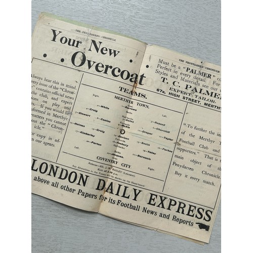 145 - MERTHYR TOWN VERSUS COVENTRY CITY 1913/14 FOOTBALL PROGRAMME, 25/10/1913, SOUTHERN LEAGUE. SHOWING W... 