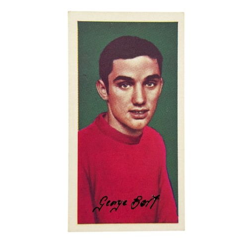 1964 GEORGE BEST BARRATT & CO FAMOUS FOOTBALLERS ROOKIE TRADING CARD, NUMBER 29, THE FIRST CARD ISSUED TO THE MANCHESTER UNITED/ NORTHERN IRELAND LEGEND. GOOD CONDITION- SEE PHOTO.