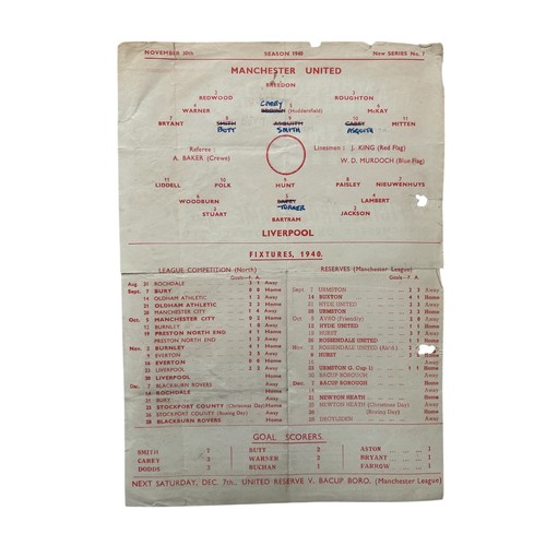 106 - MANCHESTER UNITED VERSUS LIVERPOOL 1940/41 FOOTBALL PROGRAMME, 30/11/1940, SCARCE WAR-TIME SINGLE SH... 
