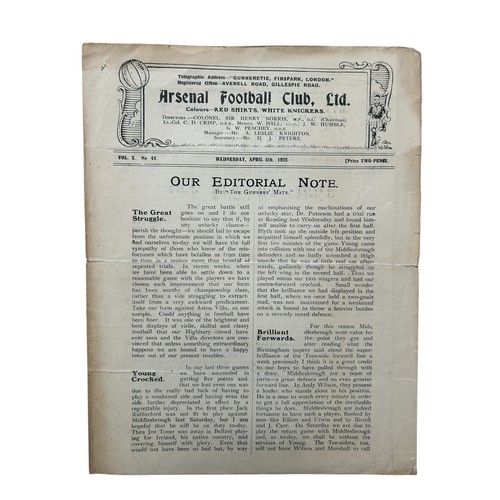 102 - MANCHESTER UNITED AWAY VERSUS ARSENAL 1921/22 FOOTBALL PROGRAMME, 5/4/1922, 4-PAGE ISSUE. CREASING, ... 