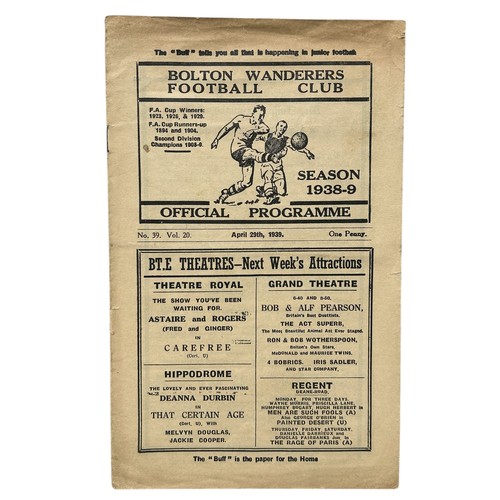 188 - MANCHESTER UNITED AWAY VERSUS BOLTON WANDERERS 1938/39 FOOTBALL PROGRAMME, 29/4/1939. GENERALLY GOOD... 