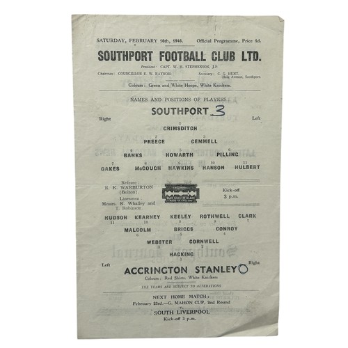 62 - SOUTHPORT VERSUS ACCRINGTON STANLEY 1945/46 FOOTBALL PROGRAMME, 16/2/1946, SINGLE SHEET. SCORES NOTE... 