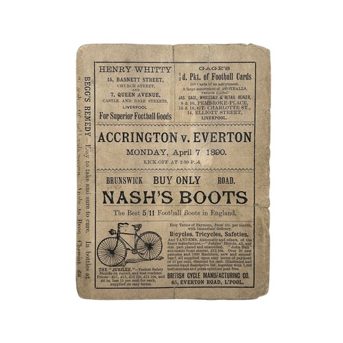 1890 EVERTON VERSUS ACCRINGTON FOOTBALL PROGRAMME, 7/4/1890, EVERTON 1889/90 4-PAGE CARD ISSUE. MINOR REPAIRS.