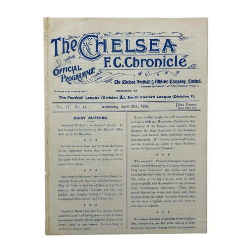 1909 CHARITY SHIELD FOOTBALL PROGRAMME, NORTHAMPTON TOWN VERSUS NEWCASTLE UNITED, PLAYED AT CHELSEA, 28/4/1909. EX BINDER.