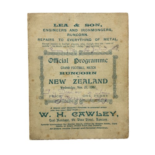 1907 RUNCORN VERSUS NEW ZEALAND RUGBY LEAGUE PROGRAMME, 4-PAGE CARD, 27/11/1907. FOXING, SOME WRITING TO COVER.