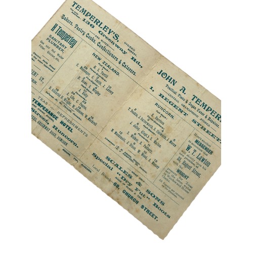 249 - 1907 RUNCORN VERSUS NEW ZEALAND RUGBY LEAGUE PROGRAMME, 4-PAGE CARD, 27/11/1907. FOXING, SOME WRITIN... 