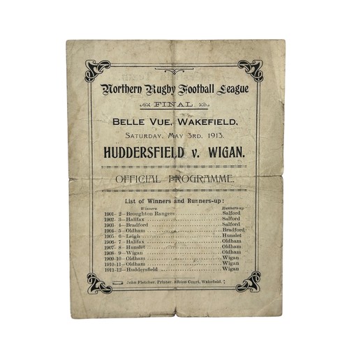 248 - 1913 RUGBY LEAGUE CHAMPIONSHIP FINAL PROGRAMME, HUDDERSFIELD VERSUS WIGAN, PLAYED AT WAKEFIELD, 3/5/... 