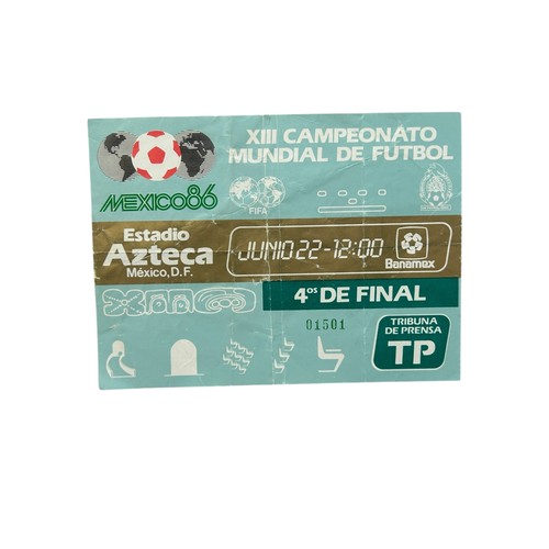 DIEGO MARADONA HAND OF GOD 1986 WORLD CUP FOOTBALL MATCH TICKET, ARGENTINA VERSUS ENGLAND, 22/6/1986, ESTADIO AZTECA PRESS TICKET, HIGHLY SOUGHT AFTER ITEM FROM ARGUABLY THE MOST ICONIC WORLD CUP MOMENT OF ALL TIME.