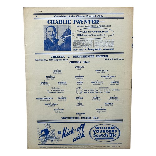 100 - MANCHESTER UNITED AWAY VERSUS CHELSEA 1939/40 FOOTBALL PROGRAMME, 30/08/1939, SCARCE TRUNCATED SEASO... 