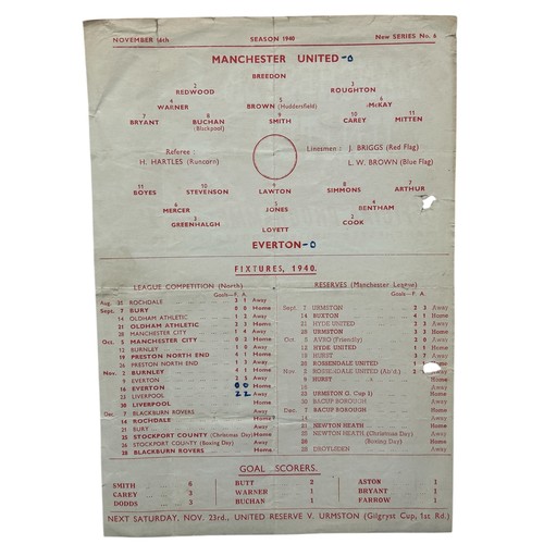 103 - MANCHESTER UNITED VERSUS EVERTON 1940/41 FOOTBALL PROGRAMME, 16/11/1940, SINGLE SHEET. MINOR WRITING... 