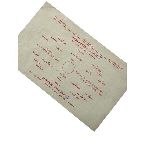 115 - MANCHESTER UNITED VERSUS OLDHAM ATHLETIC 1943/44 FOOTBALL PROGRAMME, 19/02/1944, SINGLE SHEET. SCORE... 