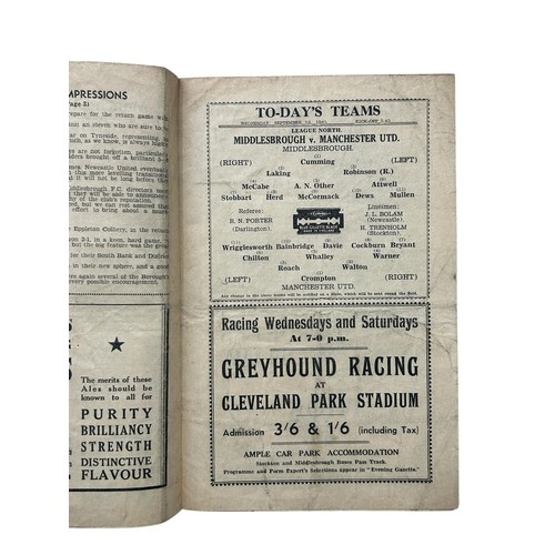 130 - MANCHESTER UNITED AWAY VERSUS MIDDLESBROUGH 1945/46 FOOTBALL PROGRAMME, 12/09/1945. CREASING.