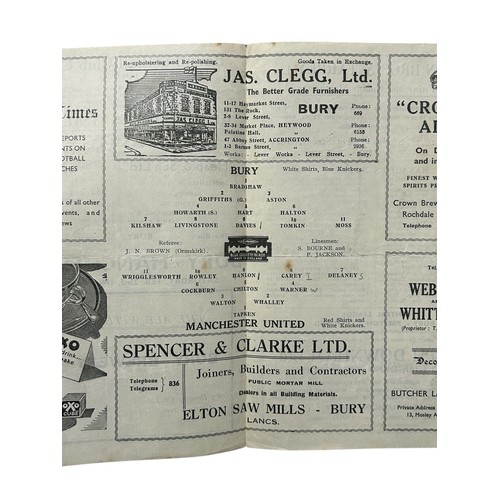140 - MANCHESTER UNITED AWAY VERSUS BURY 1945/46 FOOTBALL PROGRAMME, 23/02/1946, 4-PAGE ISSUE. CREASES, PE... 