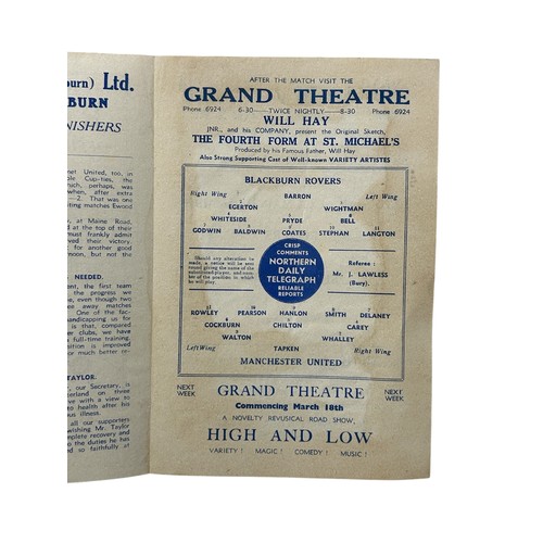 141 - MANCHESTER UNITED AWAY VERSUS BLACKBURN ROVERS 1945/46 FOOTBALL PROGRAMME, 16/03/1946, 4-PAGE ISSUE.... 
