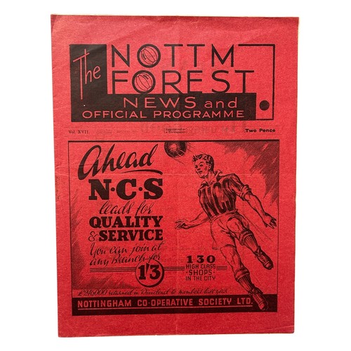 MANCHESTER UNITED AWAY VERSUS NOTTINGHAM FOREST 1937/38 FOOTBALL PROGRAMME, 25/12/1937. STAPLE REMOVED, GENERALLY VERY GOOD.